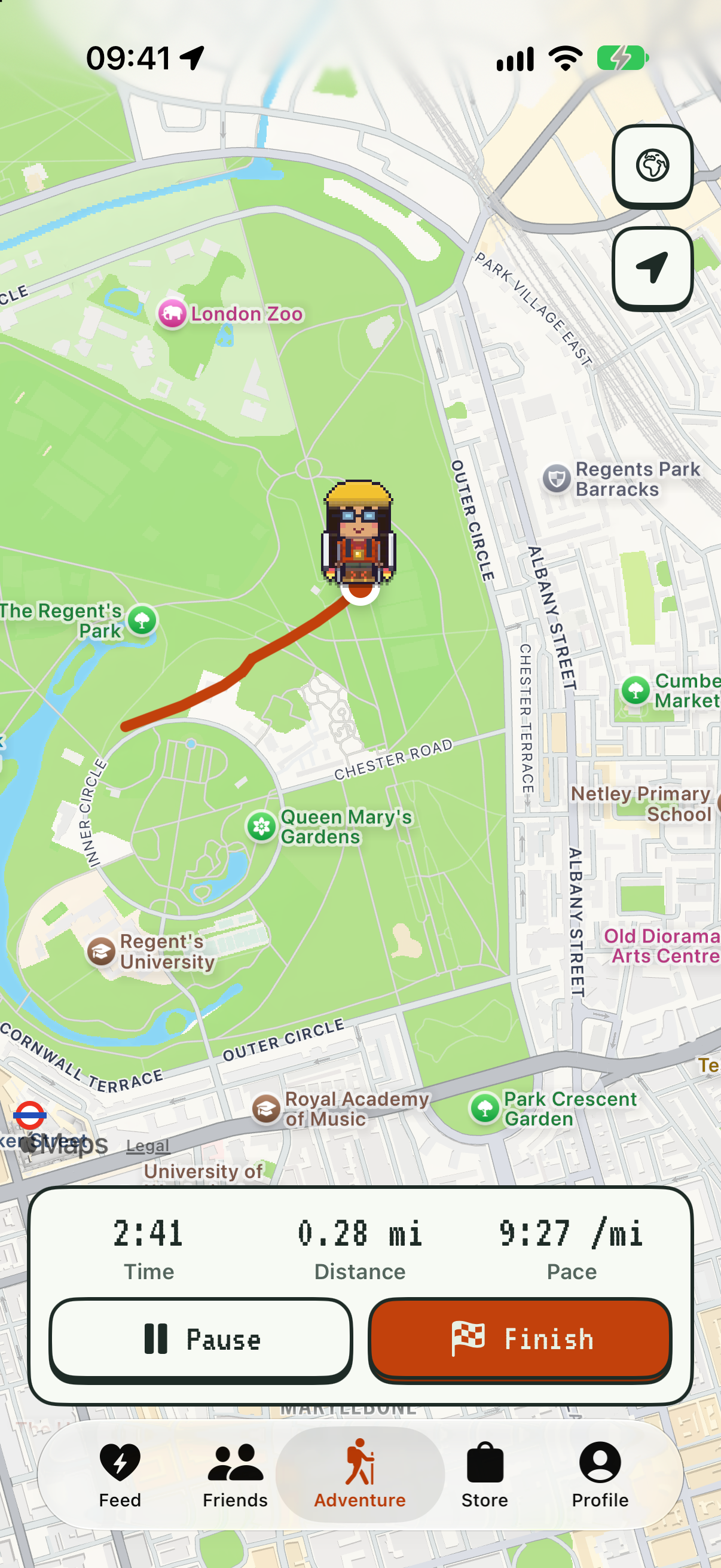 The PixelPath adventure screen: an avatar on a live map with the route drawn behind it
