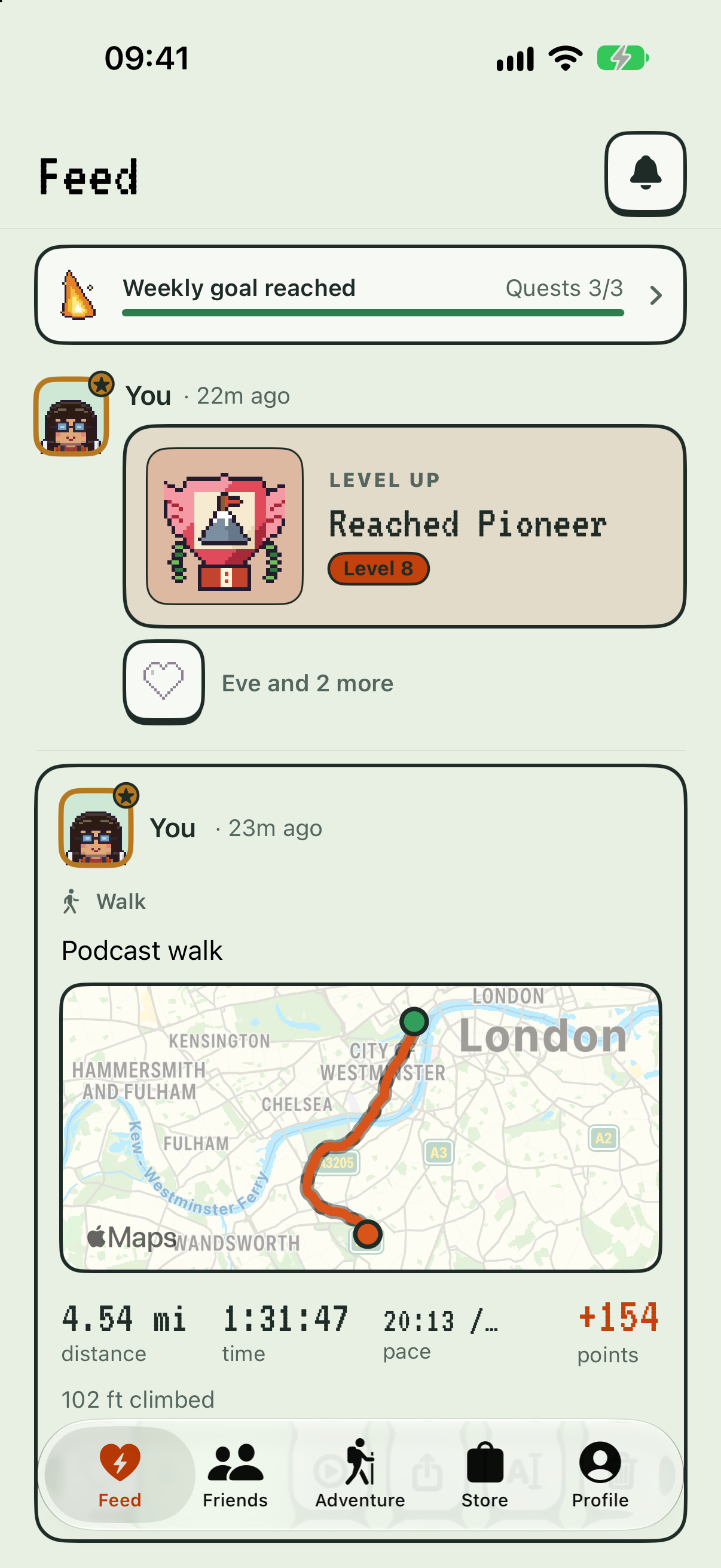The PixelPath feed showing friends' adventures and level ups