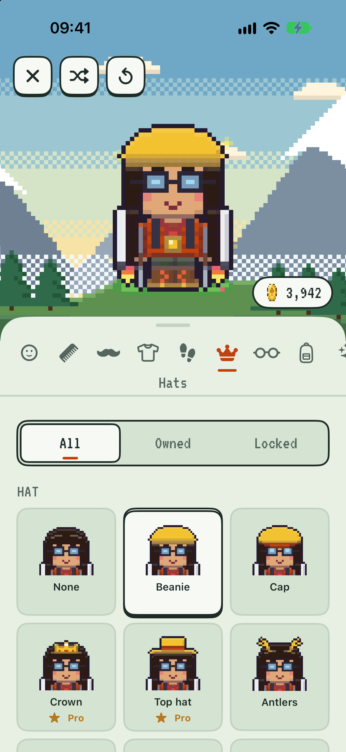 The wardrobe screen in PixelPath with a grid of hats