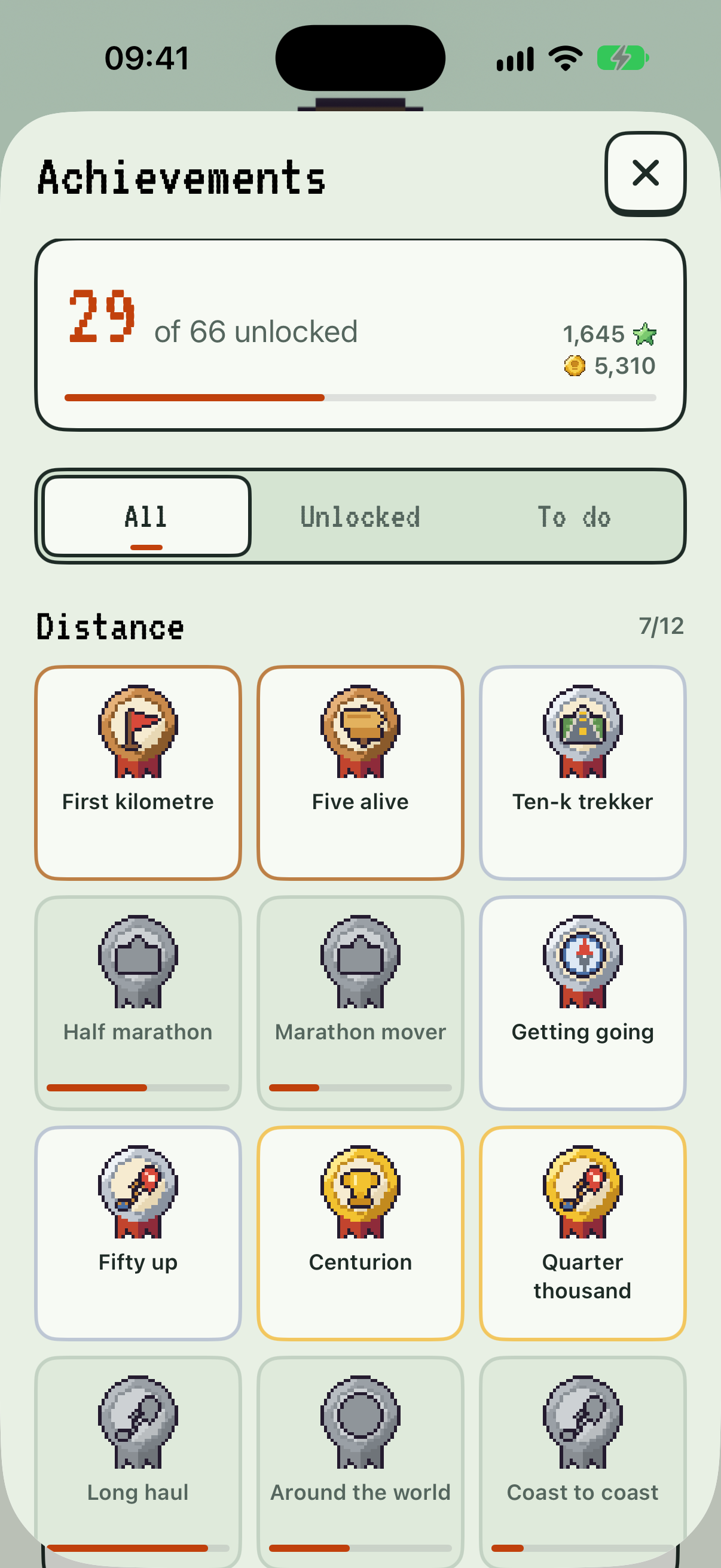 The achievements screen with unlocked badges