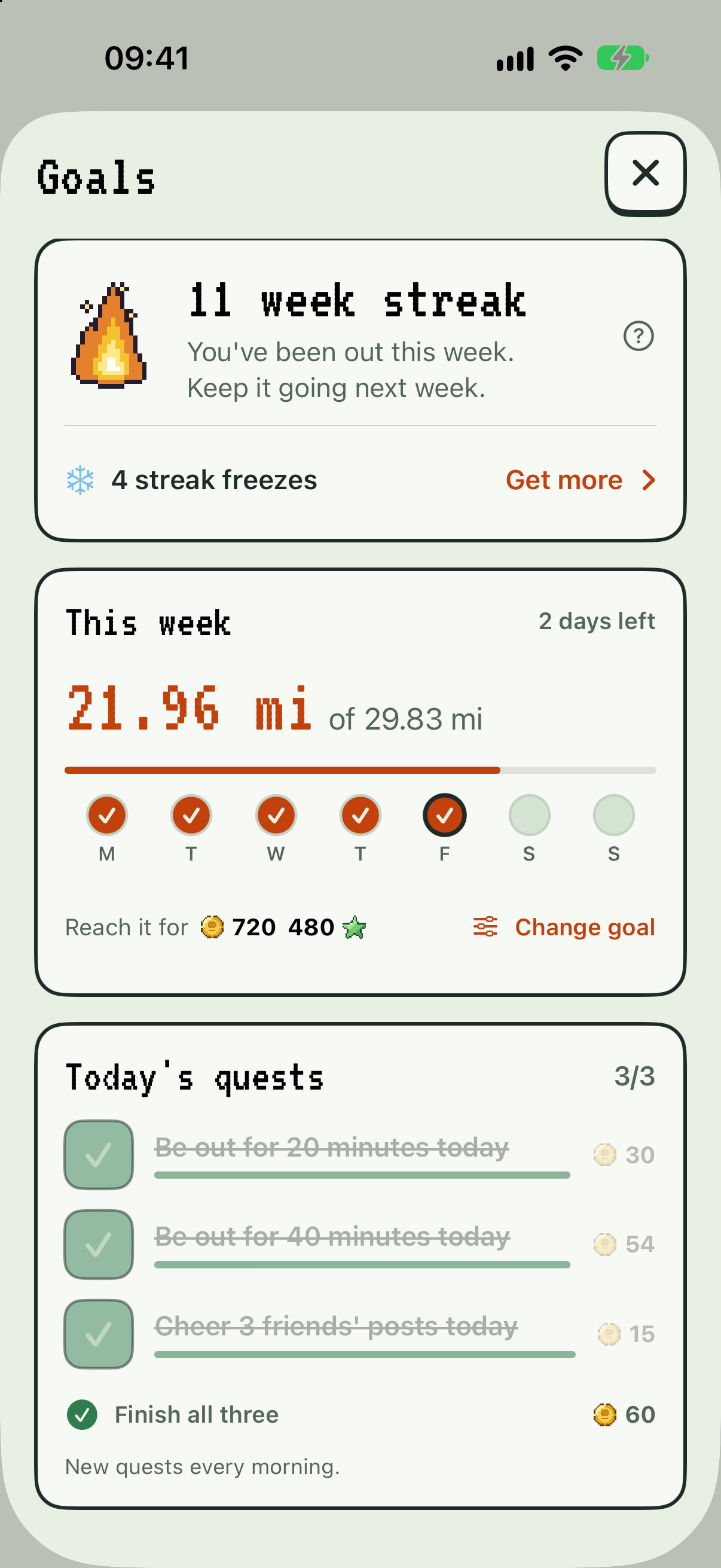 The goals screen with a weekly streak, distance target and daily quests